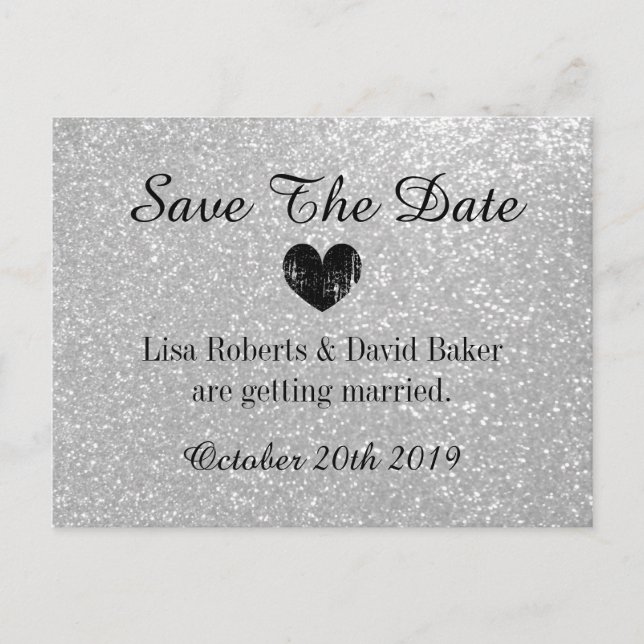 Silberner Glitzer Save the Date Hochzeitskarte Ankündigungspostkarte (Vorderseite)