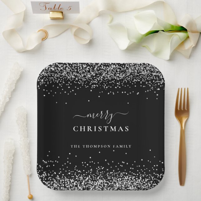 Silberner Glitzer Schwarzer Name Frohe Weihnachten Pappteller (Hochzeit)