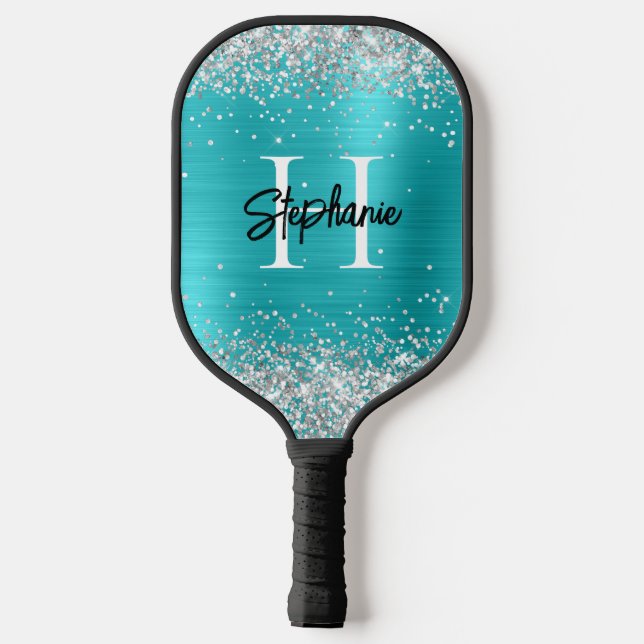 Silberner Glitzer Türkis Blaue Fohle Mit Monogramm Pickleball Schläger (Rückseite)