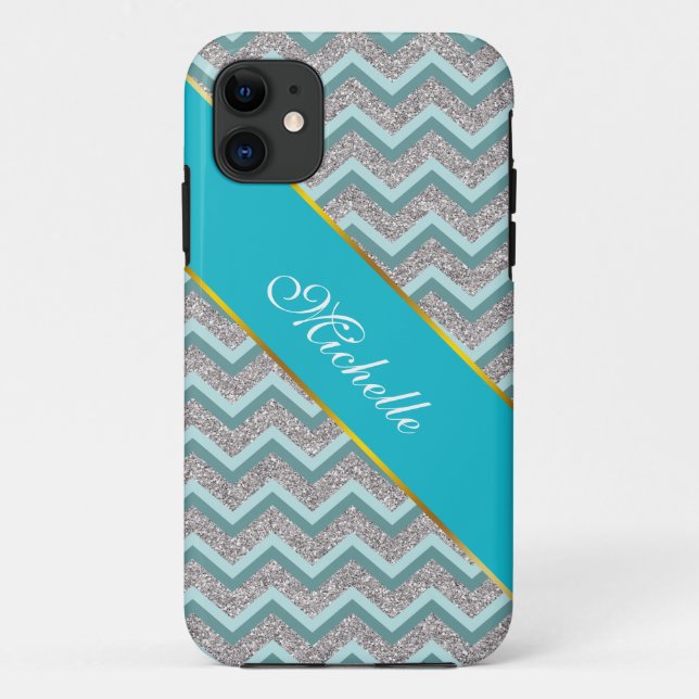 Silberner Glitzer und Aquamarines ZigZag Case-Mate iPhone Hülle (Rückseite)