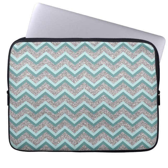 Silberner Glitzer und Aquamarines ZigZag Laptopschutzhülle (Vorderseite)