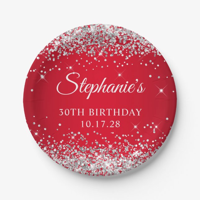 Silberner Glitzer und Rot 30. Geburtstag Pappteller (Vorderseite)