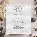 Silberner Glitzer zum 40. Geburtstag glamourös Einladungspostkarte<br><div class="desc">Ein modernes, stilvolles und glamouröses Party zum 40. Geburtstag. Ein silbernes Imitat mit Glitzer-Staub. Personalisieren Sie Ihren Namen und Ihre Party-Daten und fügen Sie diese hinzu. Nummer 40 wird mit einem Schriftart im Ballonstil geschrieben, Skript. Zurück: silberer Hintergrund, Postkartendesign. Tipp: Wenn Sie es nicht so gewollt haben, dass es wie...</div>