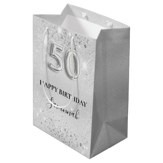 Silberner Glitzer zum 50. Mittlere Geschenktüte (Rückseite Schrägansicht)