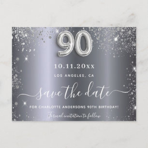 Silberner Glitzer zum 90. Geburtstag Save the Date Postkarte