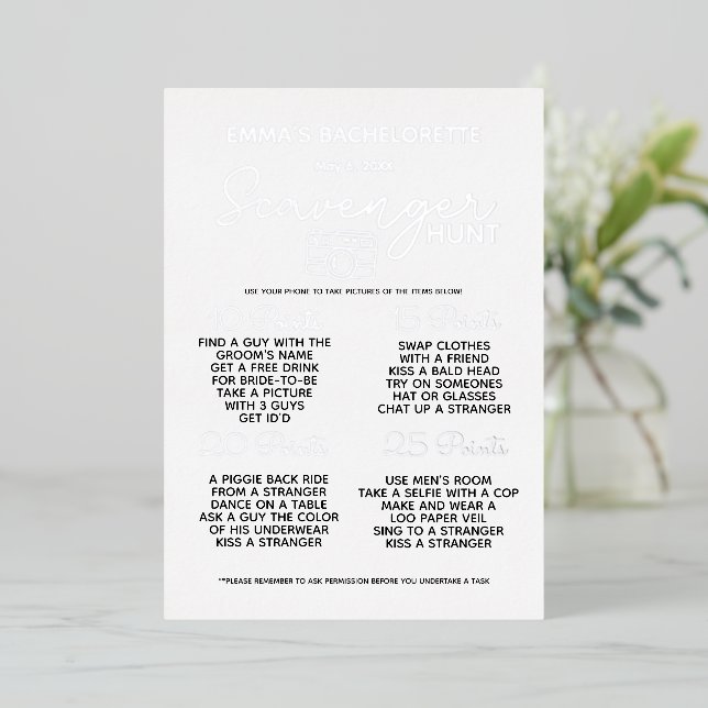 Silberner Junggeselinnen-Abschied Scavenger Jagdsp Folieneinladung (Stehend vorne)