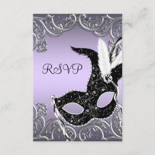 Silberner Lavendel- und Schwarzer-Maskenball-Antwo RSVP Karte