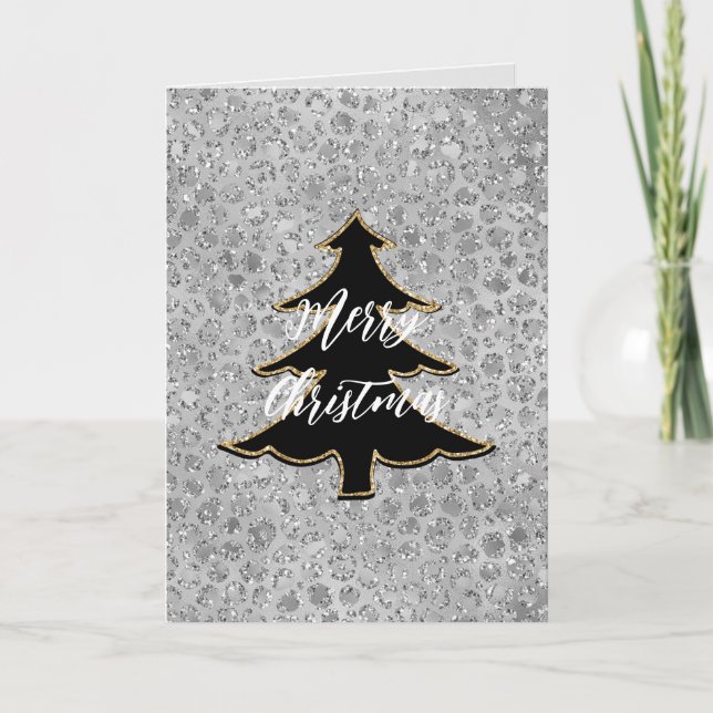 Silberner Leopard Frohe Weihnachtsbaum Karte (Vorderseite)