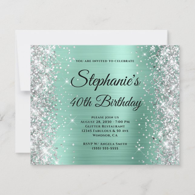 Silberner Licht Teal Glam Monogramm 40. Geburtstag (Vorderseite)