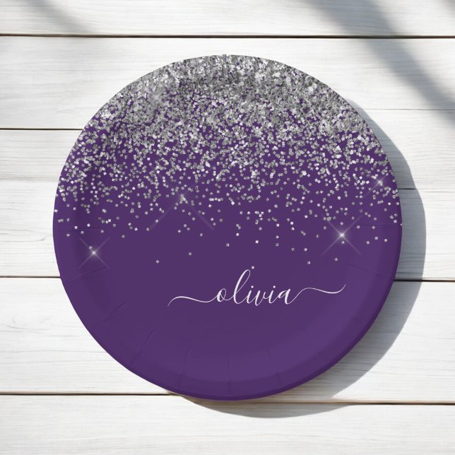 Silberner Lila Glitter Mädchen Monogramm Name Pappteller (Von Creator hochgeladen)