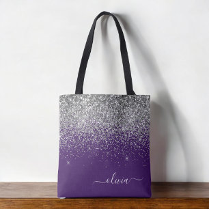 Silberner Lila Glitter Mädchen Monogramm Name Tote Tasche