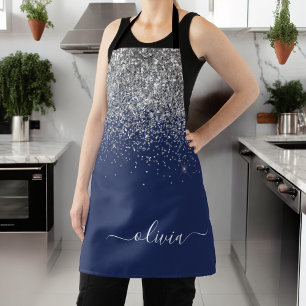 Silberner Navy Blau Glitter Mädchen Monogramm Name Schürze