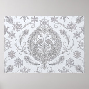 Silberner Pfauen-Schneeflocken-Ornament Poster