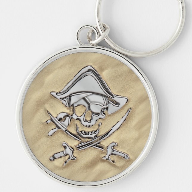 Silberner Piraten-Schädel auf dem Strand Schlüsselanhänger (Vorne)