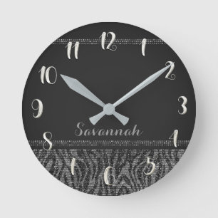 Silberner Schwarz Zebra Druck Glam Sequins Glitter Runde Wanduhr