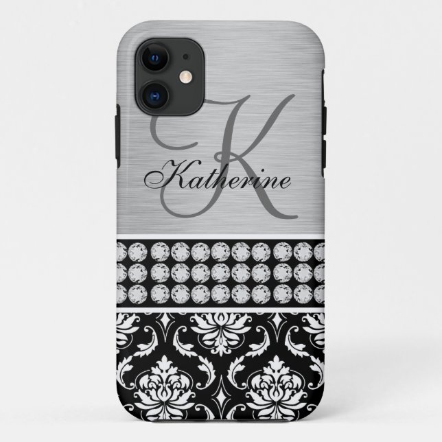 Silberner schwarzer Damast-Namen-Monogramm iPhone Case-Mate iPhone Hülle (Rückseite)