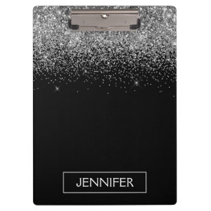Silberner schwarzer Glitter-Mädchen-Monogramm-Name Klemmbrett