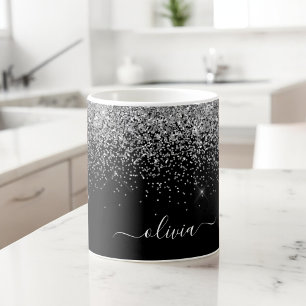 Silberner schwarzer Glitter moderner Monogramm-Nam Jumbo-Tasse