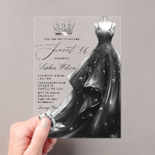Silberner schwarzer Kleid Prinzessin Sweet 16 Acryleinladungen