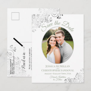 Silberner Spitzen-Salbei-Weißer-Hochzeit-Save-the- Ankündigungspostkarte
