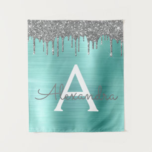 Silberner Teal Glitter Gebürsteter Metall Monogram Wandteppich