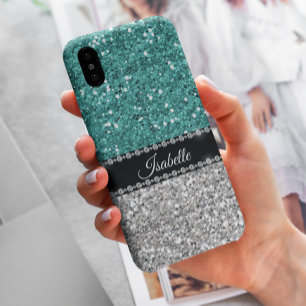Silberner Teal-Sparkling-Glam-Bling-Personalisiert Case-Mate iPhone Hülle