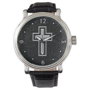 Silberner Ton-christliches Kreuz auf schwarzem Armbanduhr