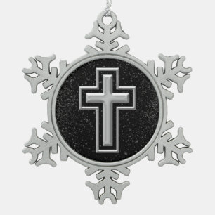 Silberner Ton-christliches Kreuz auf schwarzem Schneeflocken Zinn-Ornament
