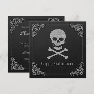 Silberner Totenkopf und gekreuzte Knochen Hallowee Einladung