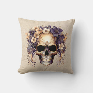 Silberner und goldener Totenkopf-Blumen-Bast-Hallo Kissen