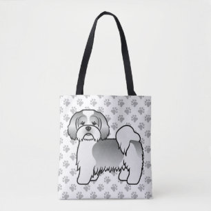 Silberner und weißer Lhasa-Apso-Cartoon-Hund und P Tasche
