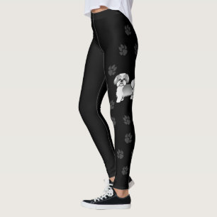 Silberner und weißer Shih Tzu Cartoon-Hund & Pfote Leggings