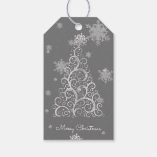 Silberner Weihnachtsbaum und Schneeflocken - Gesch Geschenkanhänger