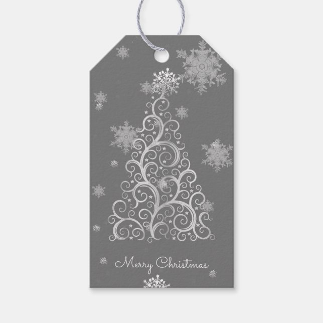 Silberner Weihnachtsbaum und Schneeflocken - Gesch Geschenkanhänger (Vorderseite)