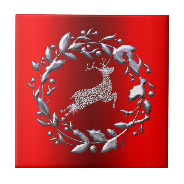 Silberner Weihnachtskranz und Rentier Fliese (Vorderseite)