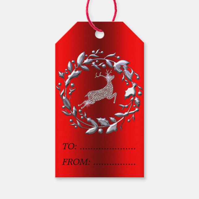 Silberner Weihnachtskranz und Rentier Geschenkanhänger (Vorderseite)