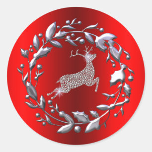 Silberner Weihnachtskranz und Rentier Runder Aufkleber