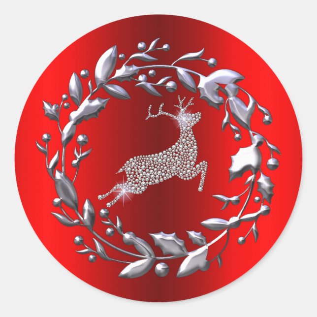 Silberner Weihnachtskranz und Rentier Runder Aufkleber (Vorderseite)