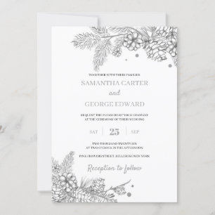 Silberner Winterkiefer und Zapfen moderne Hochzeit Einladung
