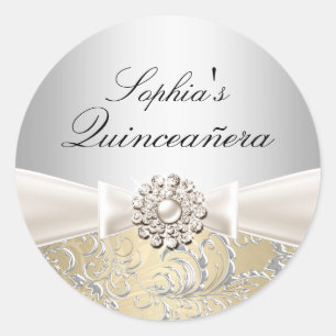 Silberner Wirbel & Juwel-Bogen Quinceanera-Aufkleb Runder Aufkleber