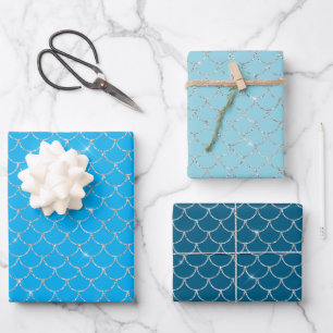 Silbernes Aqua-Blau-Meerjungfrau-Glitzer-Geburtsta Geschenkpapier Set