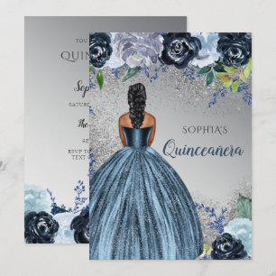 Silbernes blaues Glitterkleid Quinceañera Quince Einladung