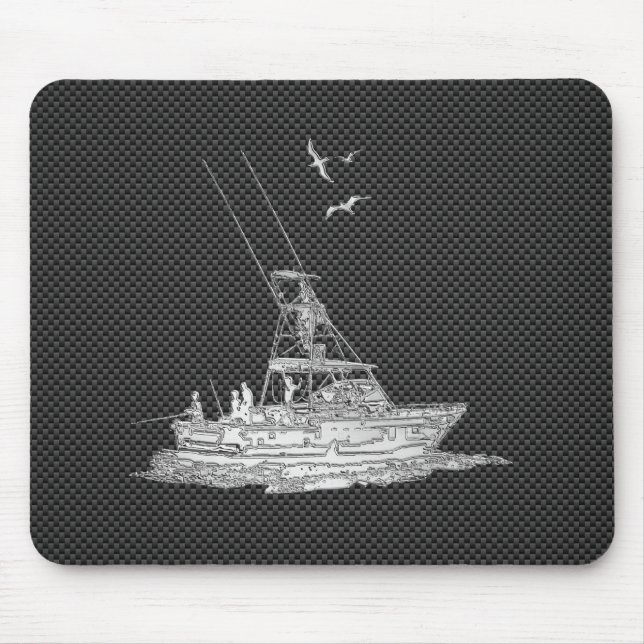 Silbernes Fischerboot auf Kohlenstoff-Faser Mousepad (Vorne)