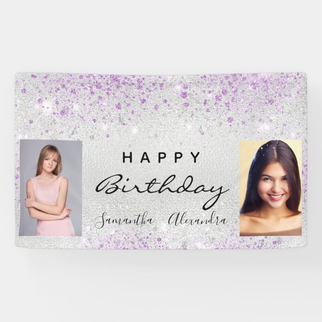Silbernes Foto zum Geburtstag lila Glitzer Freunde Banner (Horizontal)