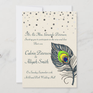 Silbernes Glitter-Konfetti-Pfauenfeder-Hochzeit Einladung