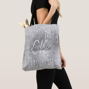 Silbernes Glitter-Tropfen-Monogramm Glamour Tasche