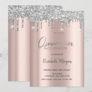 Silbernes Glitter-Tropfen Rosa Gold Quinceanera Einladung