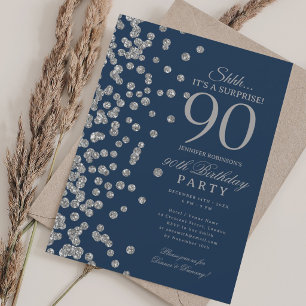 Silbernes Glitter-Überraschung 90. Geburtstag Navy Einladung