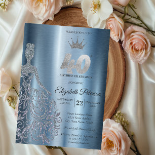 Silbernes Glitterkleid, Diamanten Blau 40. Geburts Einladung