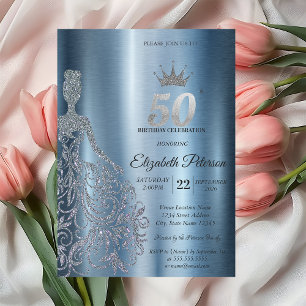 Silbernes Glitterkleid, Diamanten Blau 50. Geburts Einladung